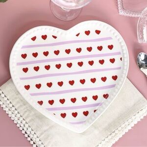 Heart-Shaped White Dinner Plate with Red Hearts and Pink Stripes